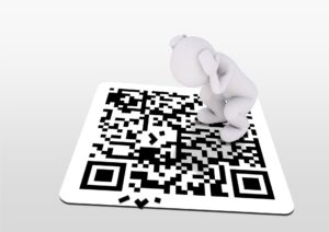 Tarjetas con código QR, muñeco blanco animado se pregunta que es un codigo QR