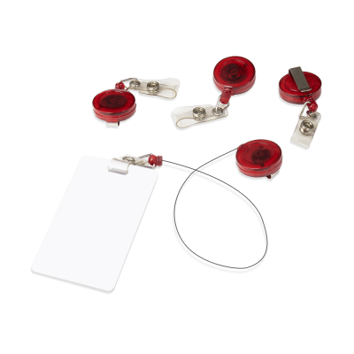 Porta Gafetes de Plástico rígido tipo yoyo de color rojo listos para personalizar en PLASTKKO.